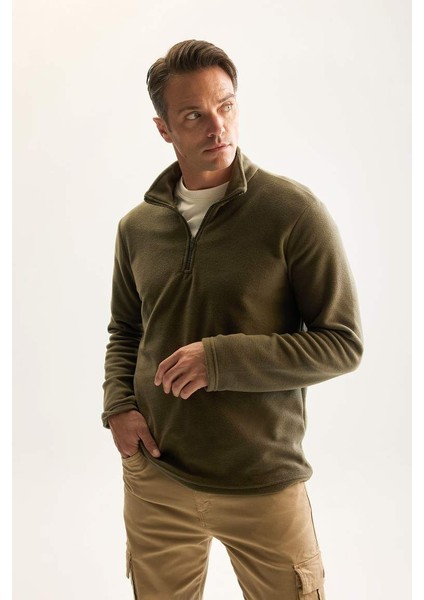 Yeni Sezon Haki Tüylenme Yapmayan Soğuk Geçirmez Regular Fit Dik Yaka Fermuarlı Polar Sweatshirt