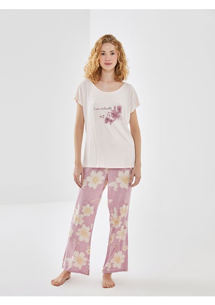 Yeni Sezon Bisiklet Yaka Cicekli Kadin Pijama Takimi - S53526Z8