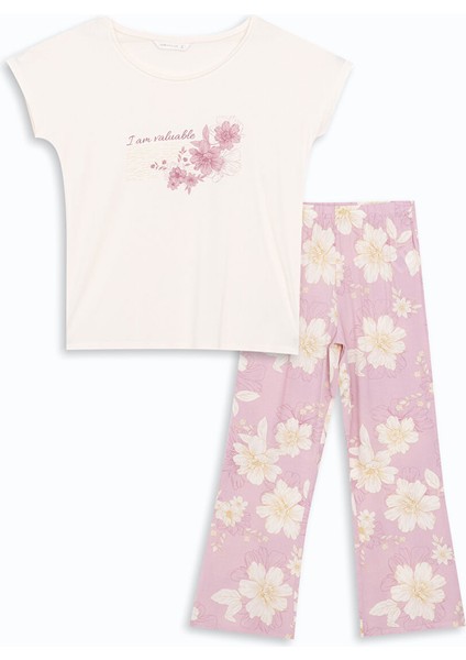 Yeni Sezon Bisiklet Yaka Cicekli Kadin Pijama Takimi - S53526Z8