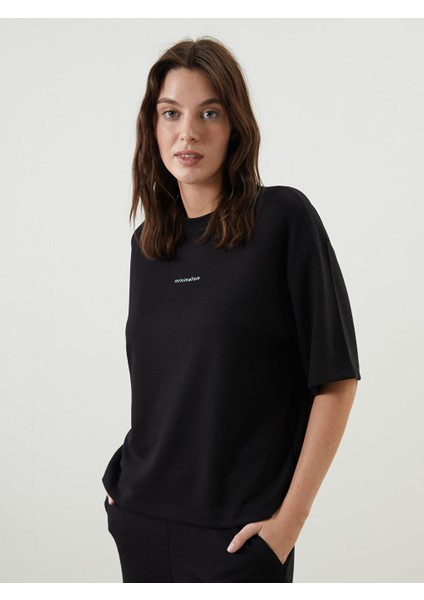 Yeni Sezon Bisiklet Yaka Baskili Oversize Kadin Tisort - S5IY21Z8