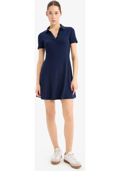 Yeni Sezon Coool Polo Yaka Fitilli Kaşkorse Kısa Kollu Mini Elbise
