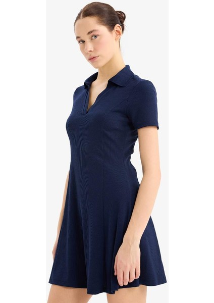 Yeni Sezon Coool Polo Yaka Fitilli Kaşkorse Kısa Kollu Mini Elbise modelleri