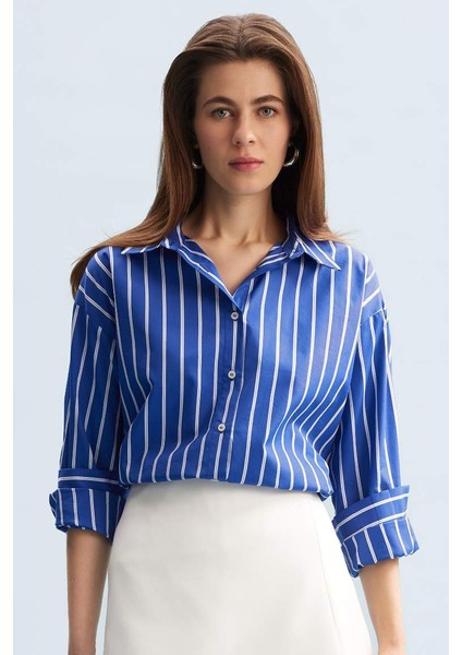 Yeni Sezon Oversize Geniş Kalıp Çizgili Poplin Uzun Kollu Gömlek