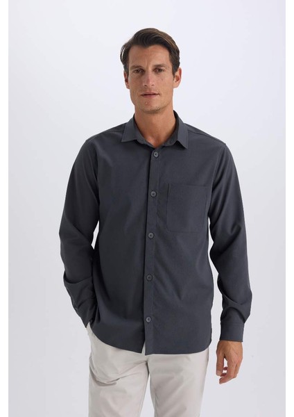 Yeni Sezon Regular Fit Polo Yaka Basic Düz Gofre Uzun Kollu Gömlek
