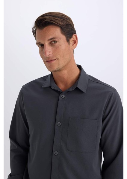 Yeni Sezon Regular Fit Polo Yaka Basic Düz Gofre Uzun Kollu Gömlek