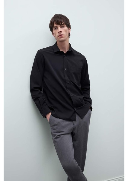 Yeni Sezon Regular Fit Polo Yaka Basic Düz Gofre Uzun Kollu Gömlek