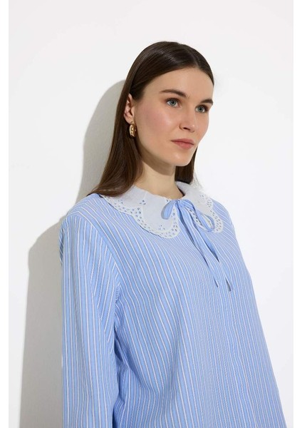 Yeni Sezon Regular Fit Geniş Yakalı Çizgili Poplin Uzun Kollu Gömlek Tunik