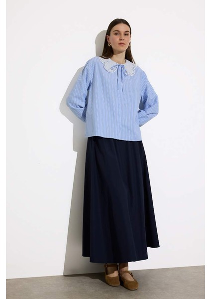 Yeni Sezon Regular Fit Geniş Yakalı Çizgili Poplin Uzun Kollu Gömlek Tunik