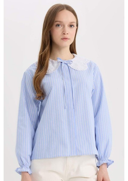 Yeni Sezon Regular Fit Geniş Yakalı Çizgili Poplin Uzun Kollu Gömlek Tunik