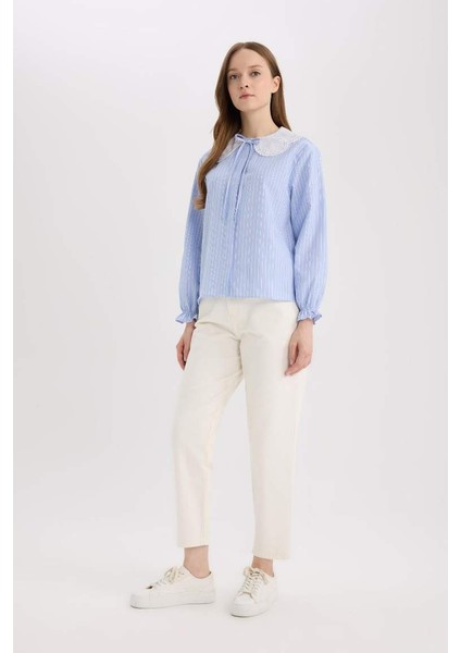 Yeni Sezon Regular Fit Geniş Yakalı Çizgili Poplin Uzun Kollu Gömlek Tunik