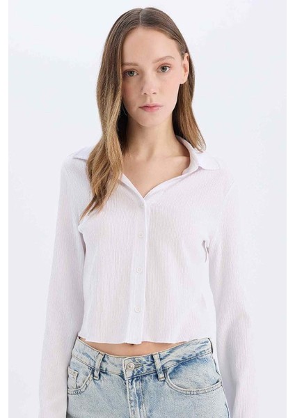 Yeni Sezon coool Fitted Basic Düz Düğmeli Uzun Kollu Crop Beyaz Gömlek