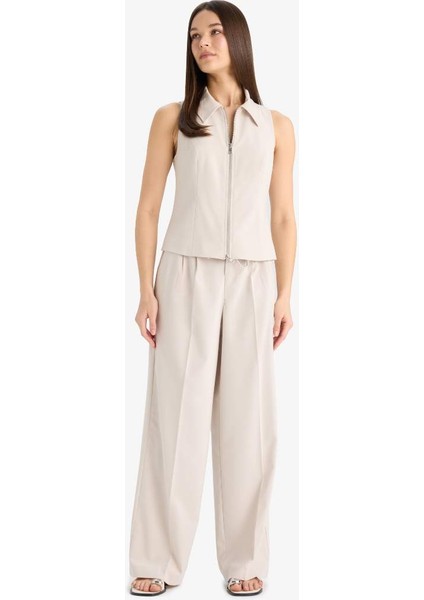 Yeni Sezon Wide Leg Kumaş Palazzo Pantolon Üç Cepli Normal Bel Standart Boy modelleri