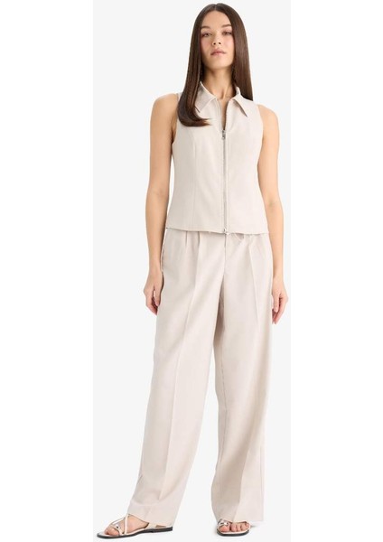 Yeni Sezon Wide Leg Kumaş Palazzo Pantolon Üç Cepli Normal Bel Standart Boy indirimleri