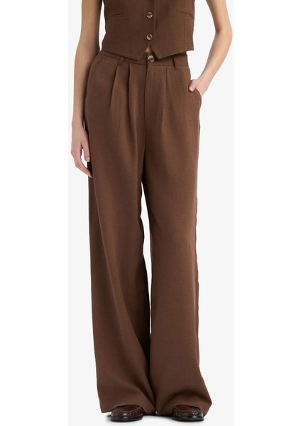 Yeni Sezon Wide Leg Fermuarlı Normal Bel Standart Boy Geniş Paça Keten Karışımlı Palazzo Pantolon