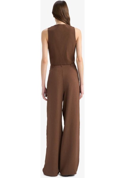 Yeni Sezon Wide Leg Fermuarlı Normal Bel Standart Boy Geniş Paça Keten Karışımlı Palazzo Pantolon indirimleri