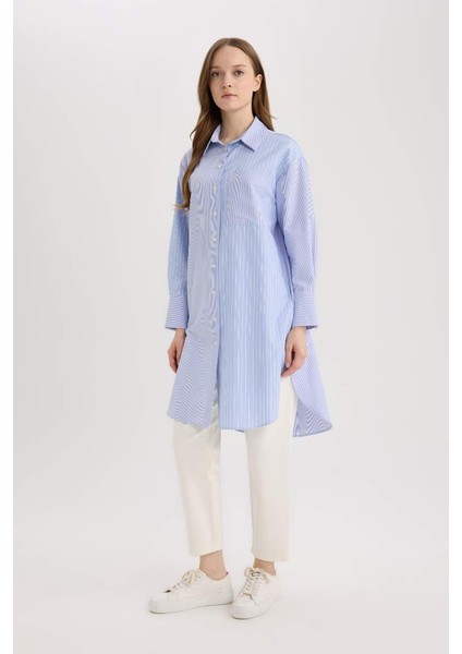 Yeni Sezon Relax Fit Çizgili Poplin Uzun Kollu Gömlek Tunik