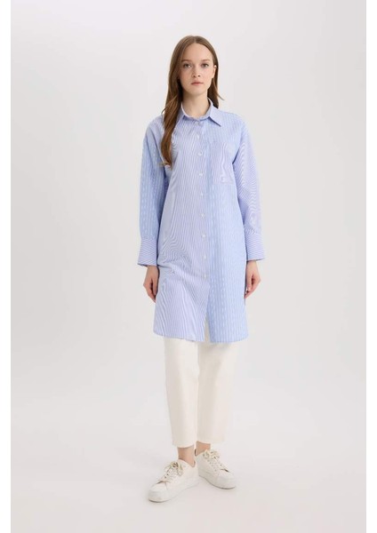 Yeni Sezon Relax Fit Çizgili Poplin Uzun Kollu Gömlek Tunik