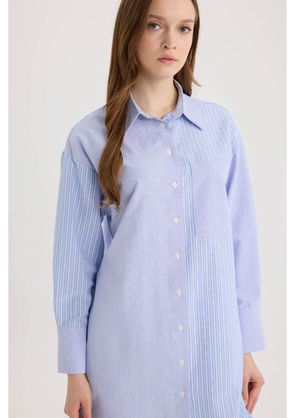Yeni Sezon Relax Fit Çizgili Poplin Uzun Kollu Gömlek Tunik