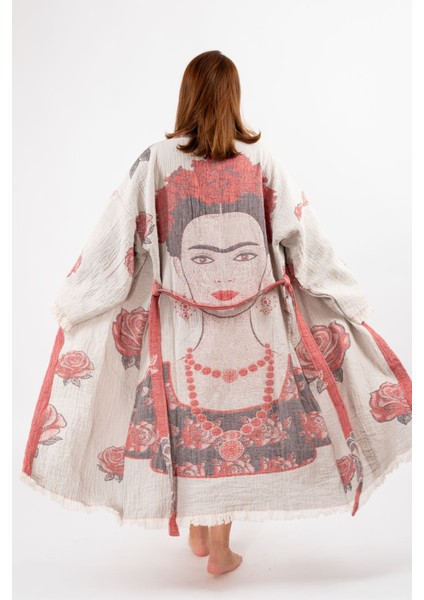 Müslin Kimono %100 Pamuklu Frida Desenli Jakarlı Bornoz Kaftan Sabahlık