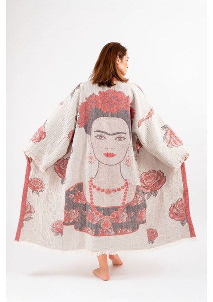 Müslin Kimono %100 Pamuklu Frida Desenli Jakarlı Bornoz Kaftan Sabahlık