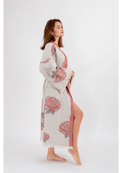 Müslin Kimono %100 Pamuklu Frida Desenli Jakarlı Bornoz Kaftan Sabahlık
