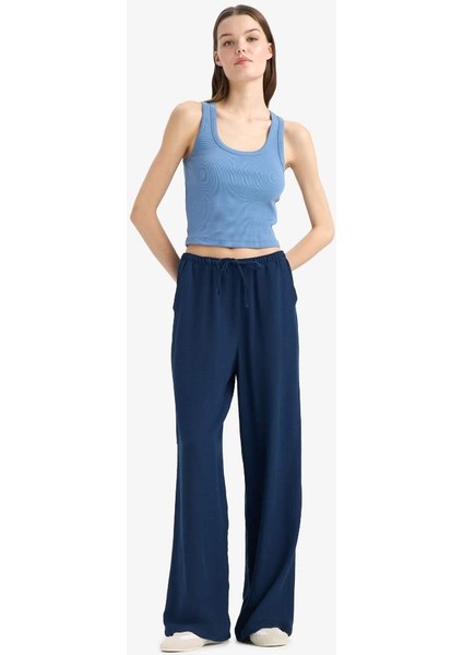 Yeni Sezon Keten Karışımlı Palazzo Pantolon Wide Leg Geniş Bol Paça Üç Cepli Normal Bel Basic Düz Standart Boy fırsatları