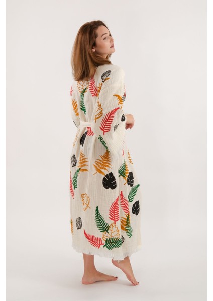 Müslin Kimono %100 Pamuklu Yaprak Baskılı Desenli Bornoz Kaftan Sabahlık