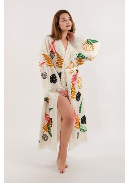 Müslin Kimono %100 Pamuklu Yaprak Baskılı Desenli Bornoz Kaftan Sabahlık