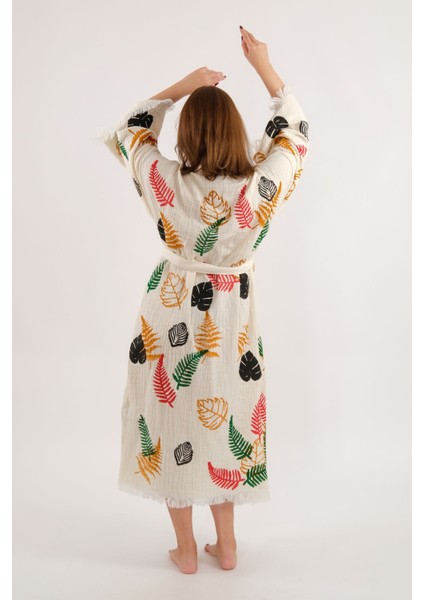 Müslin Kimono %100 Pamuklu Yaprak Baskılı Desenli Bornoz Kaftan Sabahlık