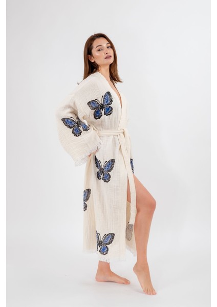 Müslin Kimono %100 Pamuklu Kelebek Baskılı Desenli Bornoz Kaftan Sabahlık fiyatları