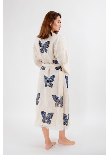 Müslin Kimono %100 Pamuklu Kelebek Baskılı Desenli Bornoz Kaftan Sabahlık modelleri
