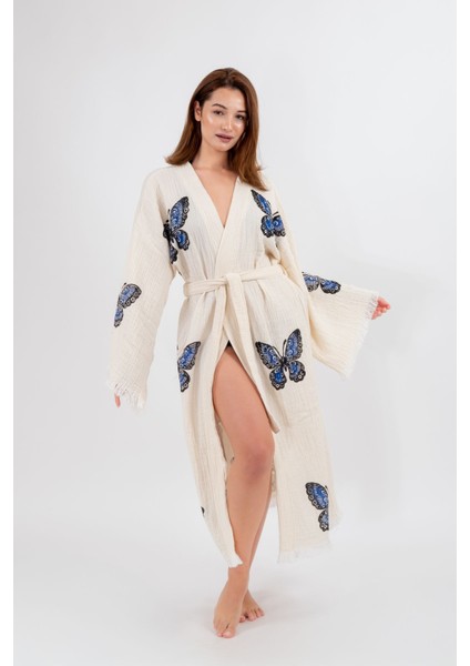 Müslin Kimono %100 Pamuklu Kelebek Baskılı Desenli Bornoz Kaftan Sabahlık fırsatları