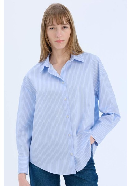 Yeni Sezon Oversize Geniş Kalıp Çizgili Poplin Uzun Kollu Gömlek
