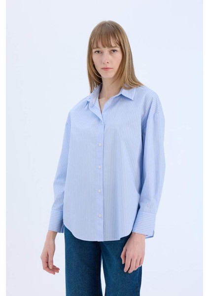 Yeni Sezon Oversize Geniş Kalıp Çizgili Poplin Uzun Kollu Gömlek modelleri