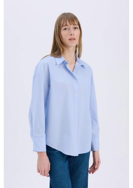 Yeni Sezon Oversize Geniş Kalıp Çizgili Poplin Uzun Kollu Gömlek fırsatları