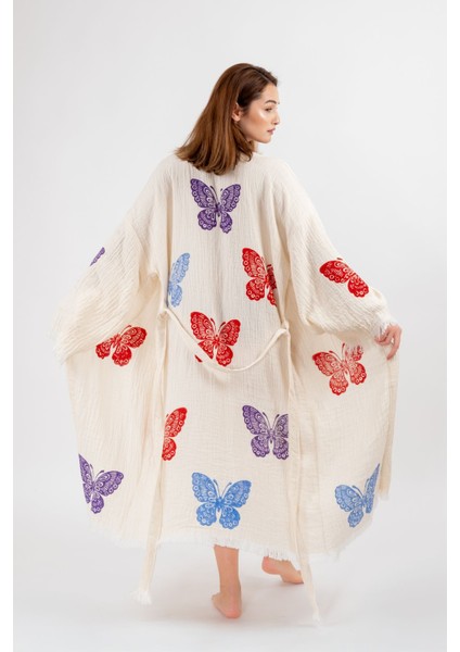 Müslin Kimono %100 Pamuklu Kelebek Baskılı Desenli Bornoz Kaftan Sabahlık