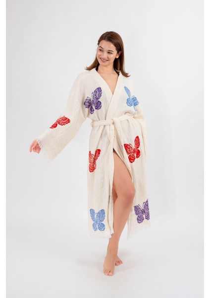 Müslin Kimono %100 Pamuklu Kelebek Baskılı Desenli Bornoz Kaftan Sabahlık fiyatları