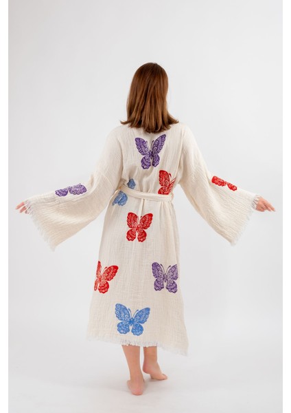 Müslin Kimono %100 Pamuklu Kelebek Baskılı Desenli Bornoz Kaftan Sabahlık modelleri