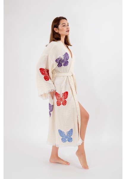 Müslin Kimono %100 Pamuklu Kelebek Baskılı Desenli Bornoz Kaftan Sabahlık fırsatları
