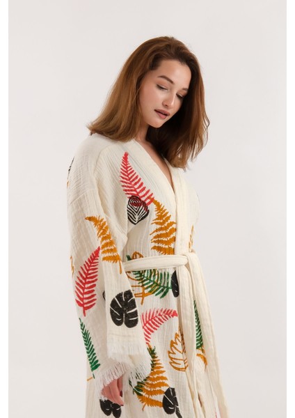 Müslin Kimono %100 Pamuklu Yaprak Baskılı Desenli Bornoz Kaftan Sabahlık