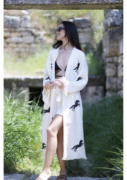 Müslin Kimono %100 Pamuklu At Baskılı Desenli Bornoz Kaftan Sabahlık fiyatları