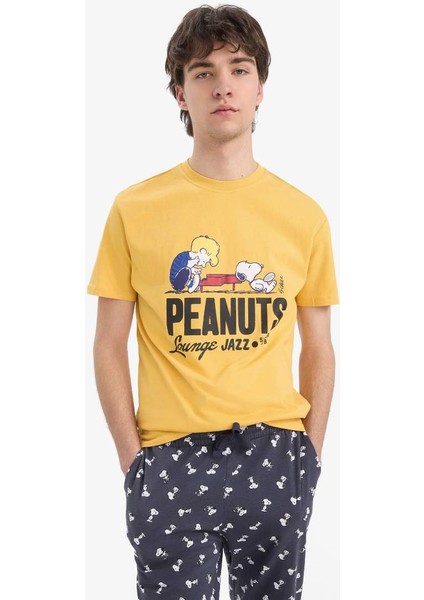 Yeni Sezon Snoopy Regular Fit Pijama Takımı Kısa Kollu Üst Beli Bağcıklı Uzun Alt