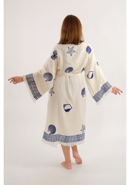 Müslin Kimono %100 Pamuklu Deniz Kabuğu Baskılı Desenli Bornoz Kaftan Sabahlık