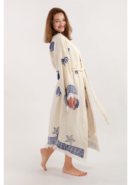 Müslin Kimono %100 Pamuklu Deniz Kabuğu Baskılı Desenli Bornoz Kaftan Sabahlık modelleri