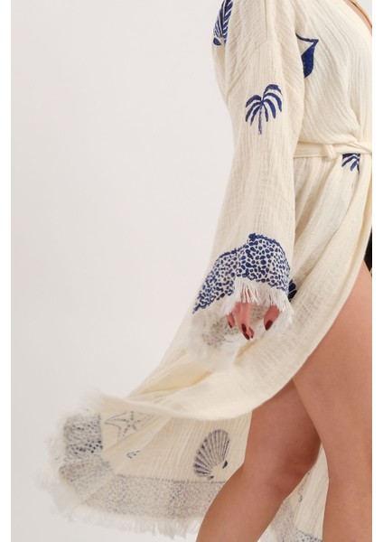 Müslin Kimono %100 Pamuklu Deniz Kabuğu Baskılı Desenli Bornoz Kaftan Sabahlık fırsatları