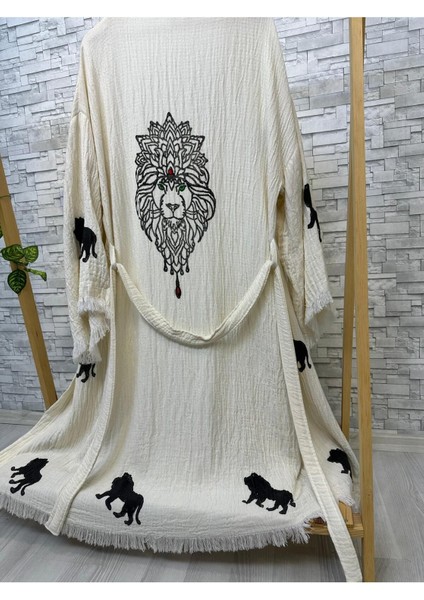 Müslin Kimono %100 Pamuklu Aslan Baskılı Desenli Bornoz Kaftan Sabahlık