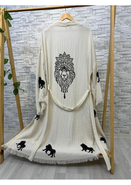 Müslin Kimono %100 Pamuklu Aslan Baskılı Desenli Bornoz Kaftan Sabahlık modelleri