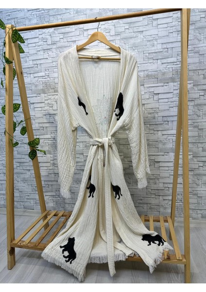 Müslin Kimono %100 Pamuklu Aslan Baskılı Desenli Bornoz Kaftan Sabahlık fırsatları