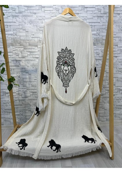 Müslin Kimono %100 Pamuklu Aslan Baskılı Desenli Bornoz Kaftan Sabahlık indirimleri