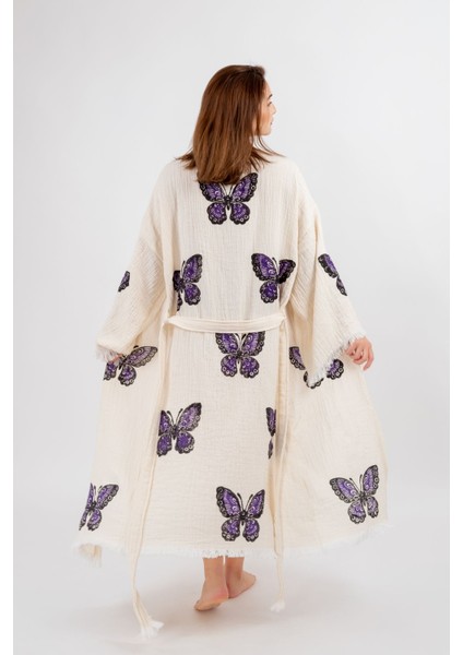 Müslin Kimono %100 Pamuklu Kelebek Baskılı Desenli Bornoz Kaftan Sabahlık